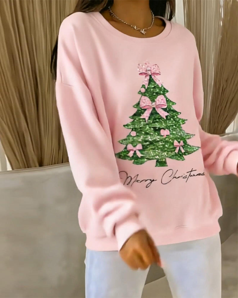 Round Neck Long Sleeve Christmas Print Sweatshirt
